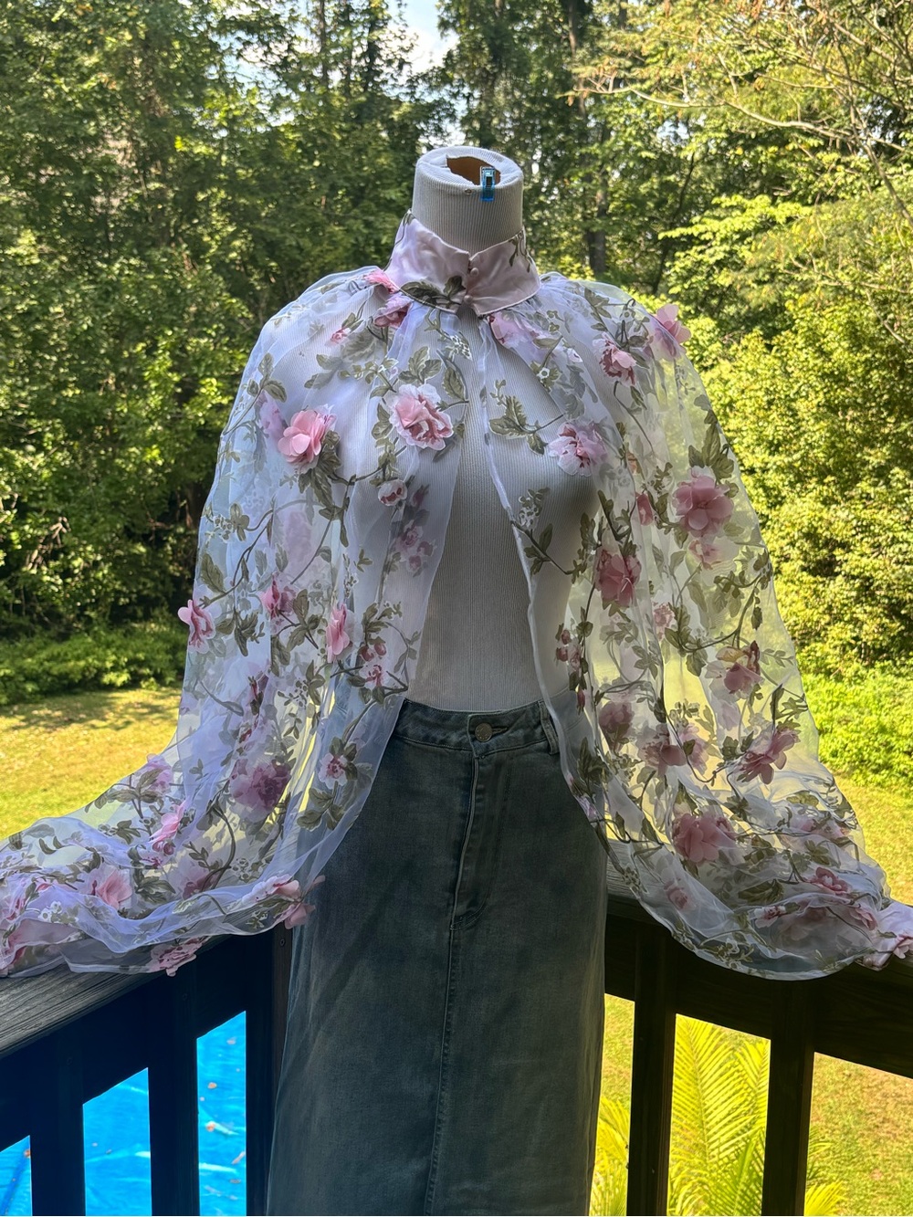 AKIRA Sheer Floral Embroidered Cape in Pink and White